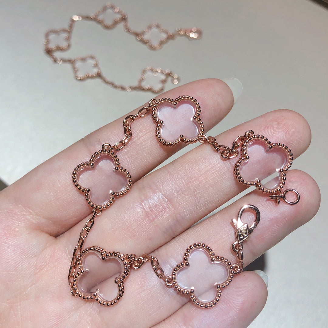 [Lucky Star]CLOVER 5 MOTIF ROCK CRYSTAL PINK GOLD BRACELET