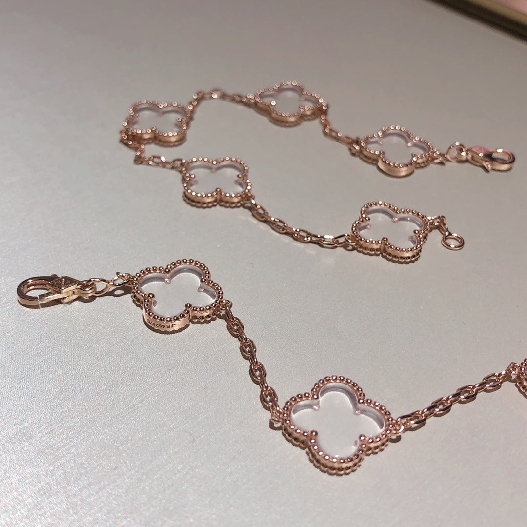 [Lucky Star]CLOVER 5 MOTIF ROCK CRYSTAL PINK GOLD BRACELET