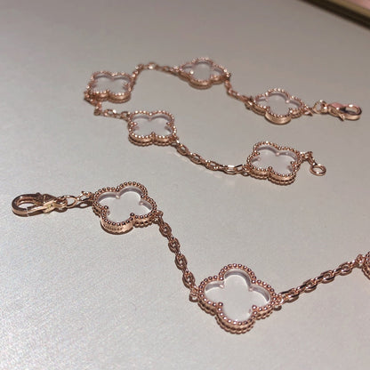 [Lucky Star]CLOVER 5 MOTIF ROCK CRYSTAL PINK GOLD BRACELET