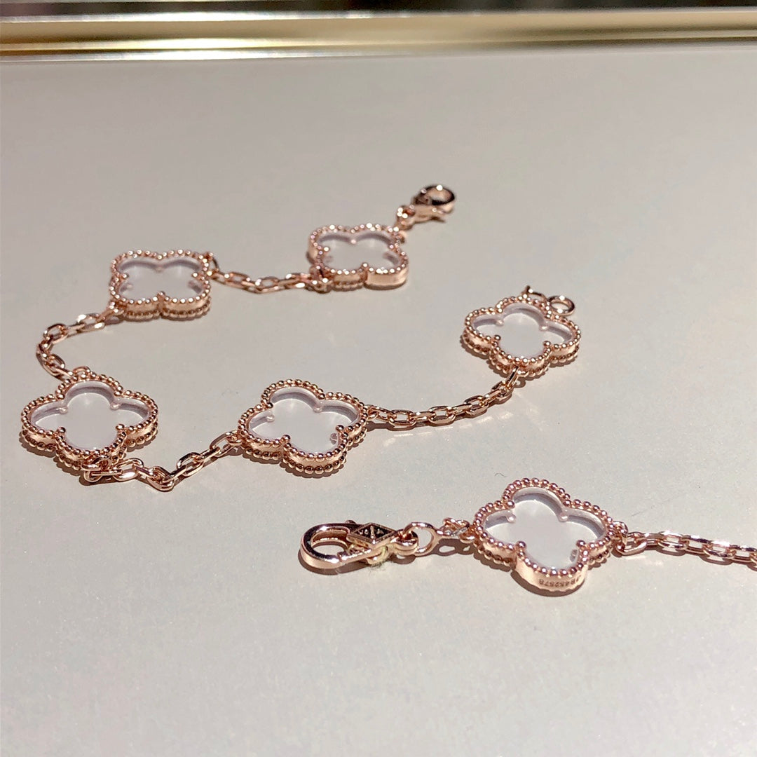 [Lucky Star]CLOVER 5 MOTIF ROCK CRYSTAL PINK GOLD BRACELET