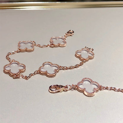[Lucky Star]CLOVER 5 MOTIF ROCK CRYSTAL PINK GOLD BRACELET