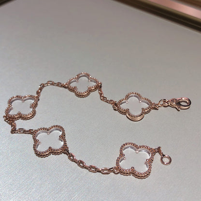 [Lucky Star]CLOVER 5 MOTIF ROCK CRYSTAL PINK GOLD BRACELET