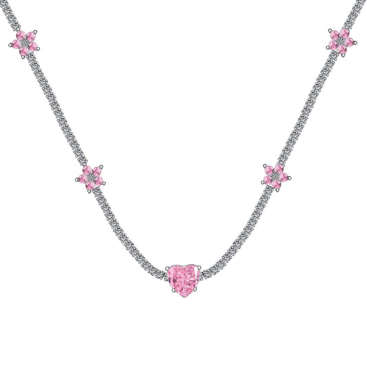 [Lucky Star]Dazzling Pink Heart Flower Necklace