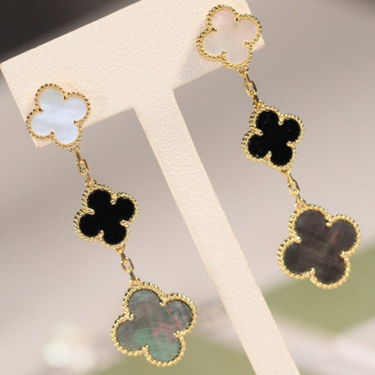 [Lucky Star]CLOVER EARRINGS GOLD ONYX MOP 3 MOTIF