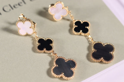 [Lucky Star]CLOVER EARRINGS GOLD ONYX MOP 3 MOTIF