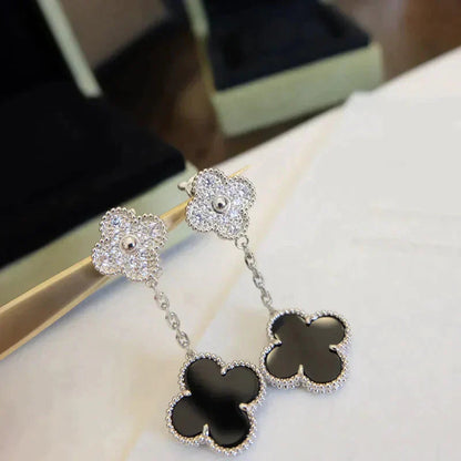 [Lucky Star]CLOVER 2 MOTIFS  DIAMOND ONYX EARRINGS SILVER