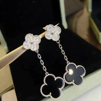 [Lucky Star]CLOVER 2 MOTIFS  DIAMOND ONYX EARRINGS SILVER