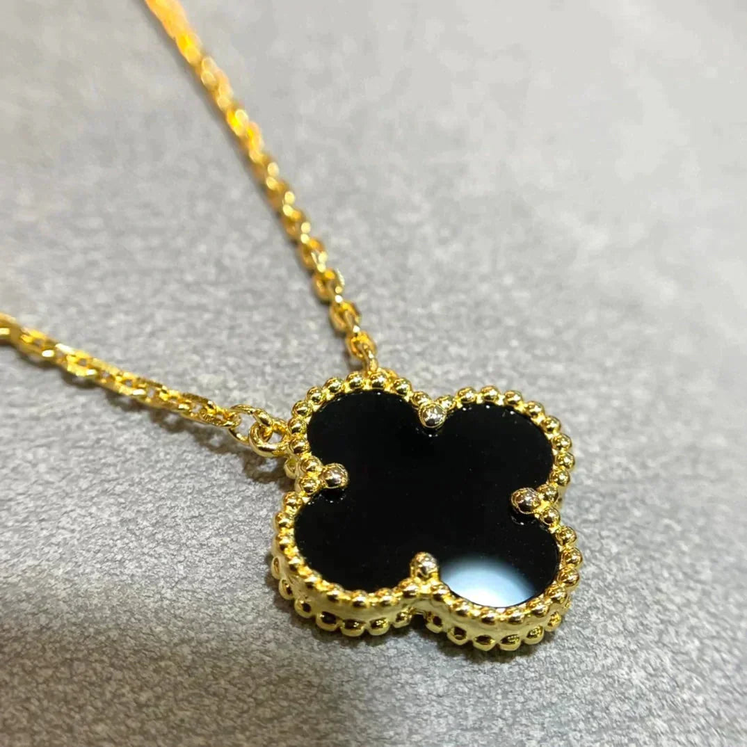 [Lucky Star]CLOVER 15MM BLACK ONYX SINGLE FLOWER NECKLACE