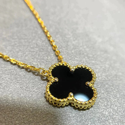 [Lucky Star]CLOVER 15MM BLACK ONYX SINGLE FLOWER NECKLACE