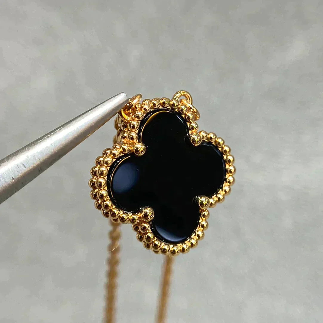 [Lucky Star]CLOVER 15MM BLACK ONYX SINGLE FLOWER NECKLACE