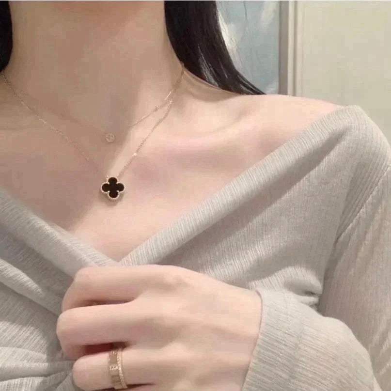 [Lucky Star]CLOVER 15MM BLACK ONYX SINGLE FLOWER NECKLACE