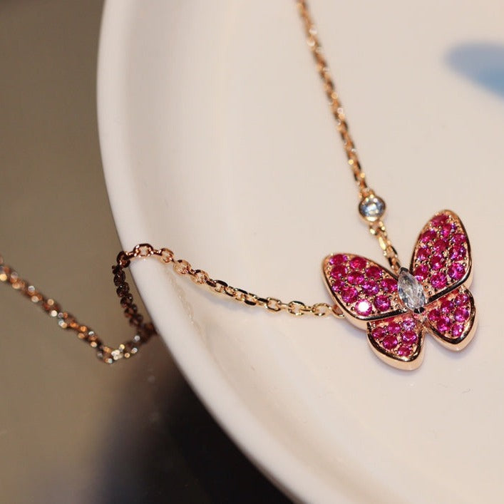 [Lucky Star]BUTTERFLY RED DIAMOND ROSE GOLD NECKLACE
