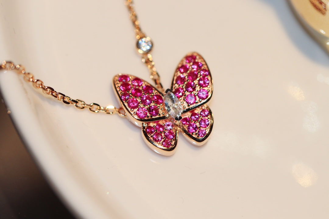 [Lucky Star]BUTTERFLY RED DIAMOND ROSE GOLD NECKLACE
