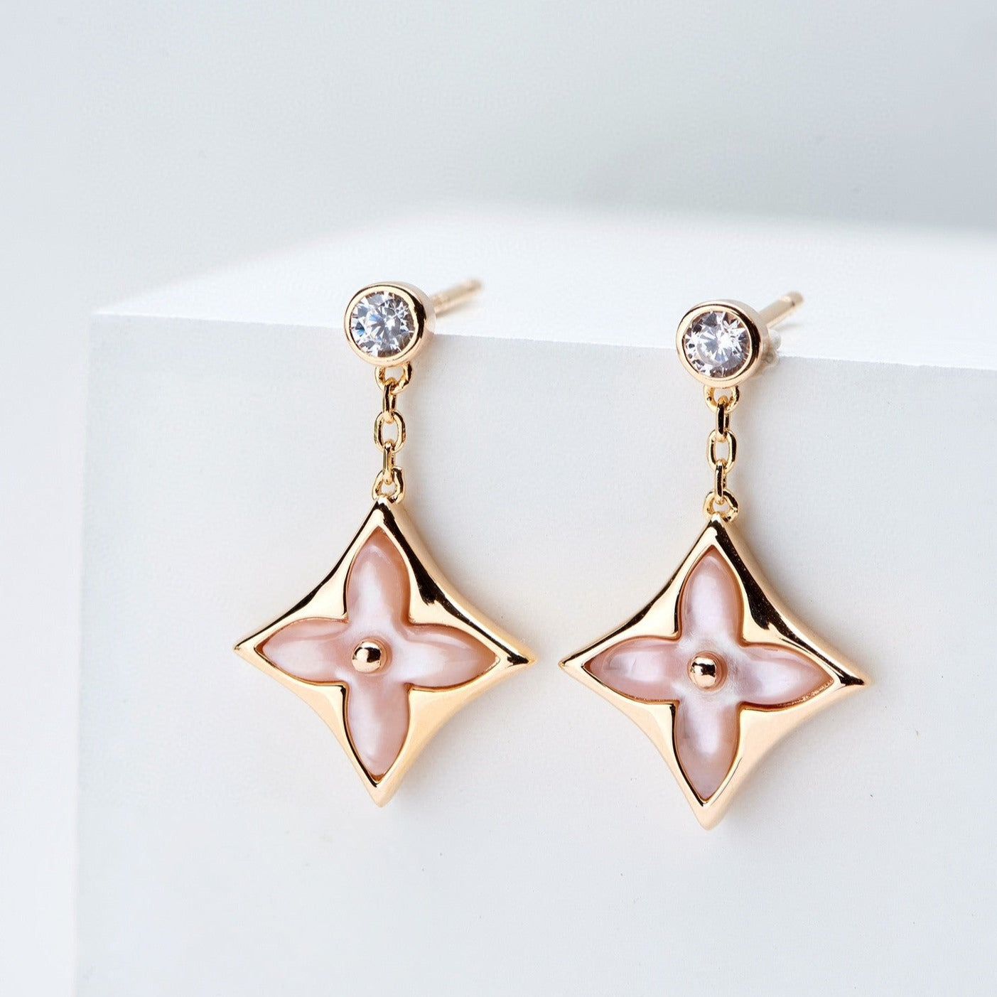 [Lucky Star]DOUBLE STAR PINK GOLD MOP DROP EARRINGS