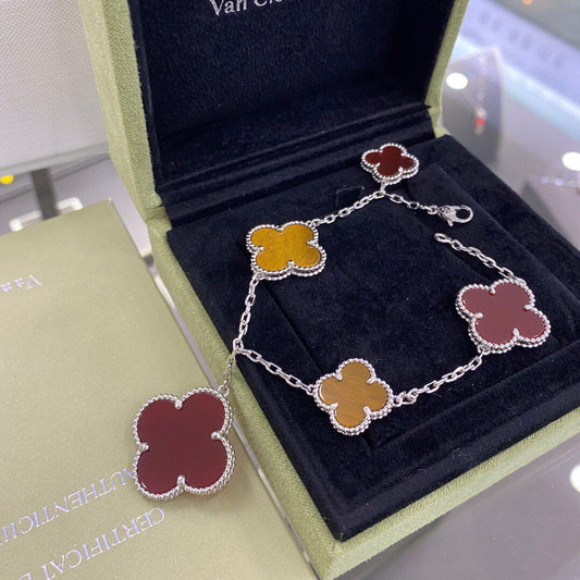 [Lucky Star]CLOVER 5 MOTIFS SIVLER CARNELIAN TIGER EYE BRACELET
