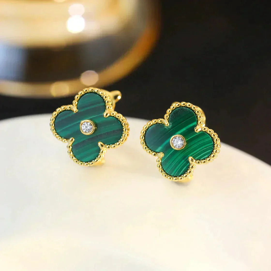 [Lucky Star]CLOVER MEDIUM 1 MOTIFS MALACHITE DIAMOND EARRINGS