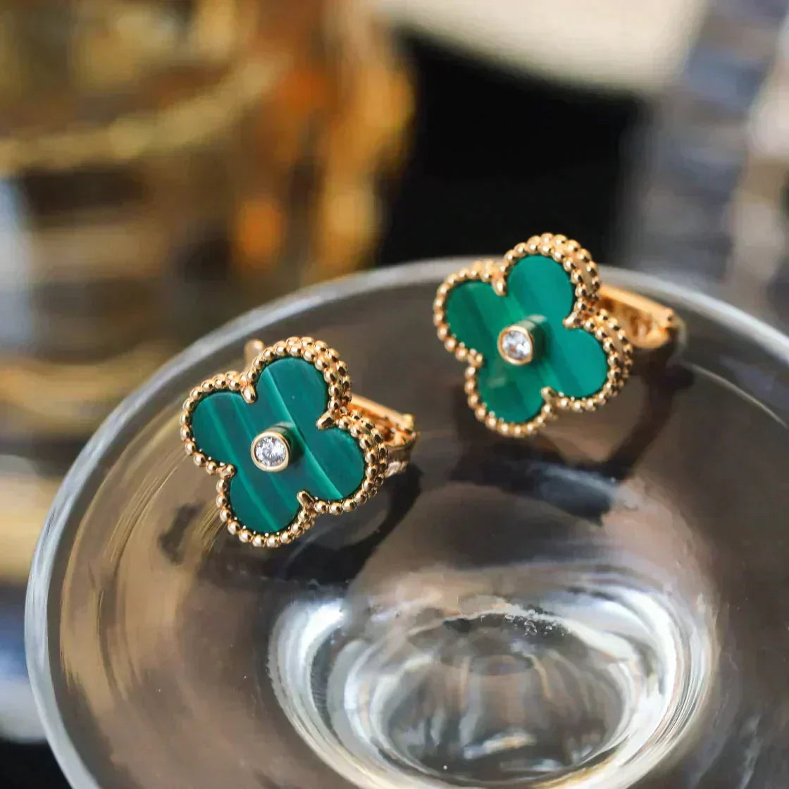 [Lucky Star]CLOVER MEDIUM 1 MOTIFS MALACHITE DIAMOND EARRINGS