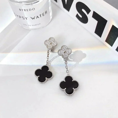[Lucky Star]CLOVER 2 MOTIFS  DIAMOND ONYX EARRINGS SILVER