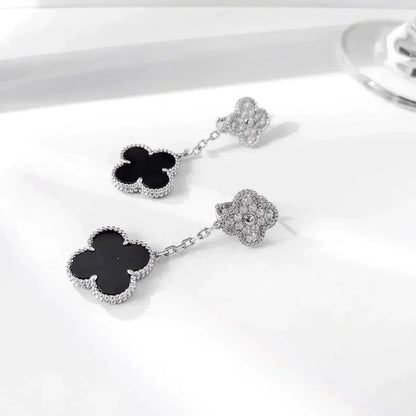 [Lucky Star]CLOVER 2 MOTIFS  DIAMOND ONYX EARRINGS SILVER