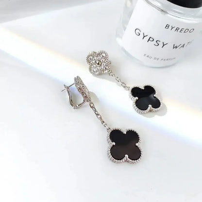 [Lucky Star]CLOVER 2 MOTIFS  DIAMOND ONYX EARRINGS SILVER