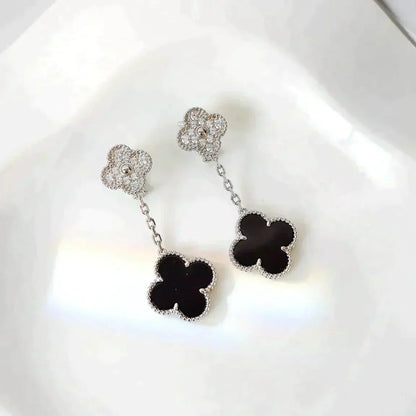 [Lucky Star]CLOVER 2 MOTIFS  DIAMOND ONYX EARRINGS SILVER
