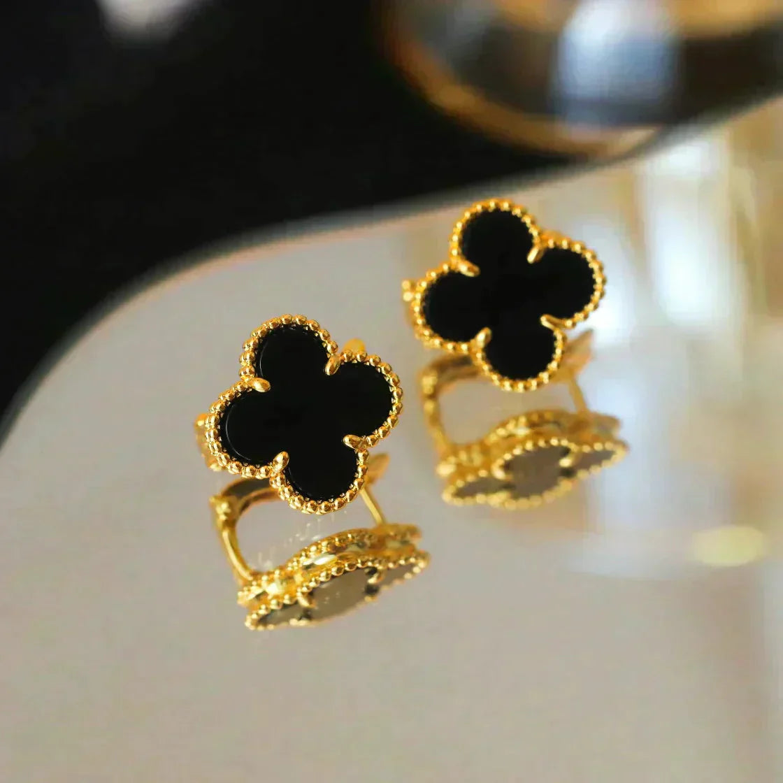 [Lucky Star]CLOVER MEDIUM 1 MOTIFS  ONYX STUD EARRINGS