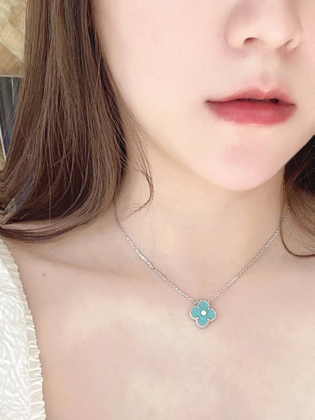 [Lucky Star]CLOVER 1 DIAMOND LIGHT BLUE SILVER NECKLACE