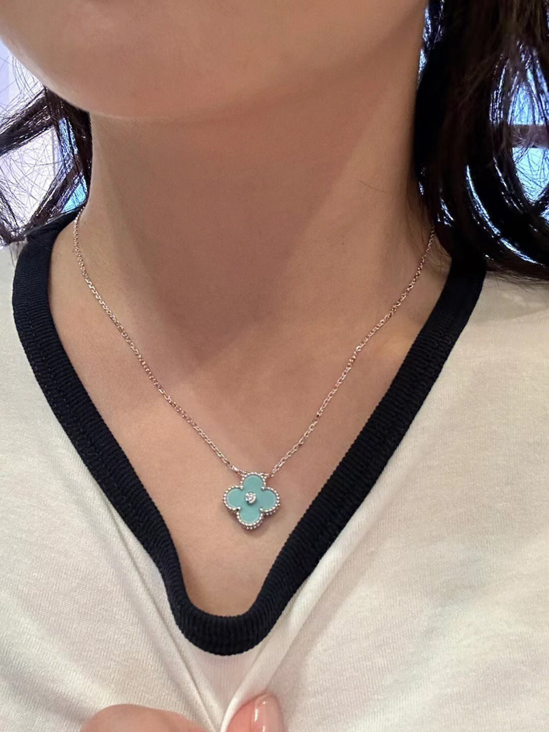 [Lucky Star]CLOVER 1 DIAMOND LIGHT BLUE SILVER NECKLACE