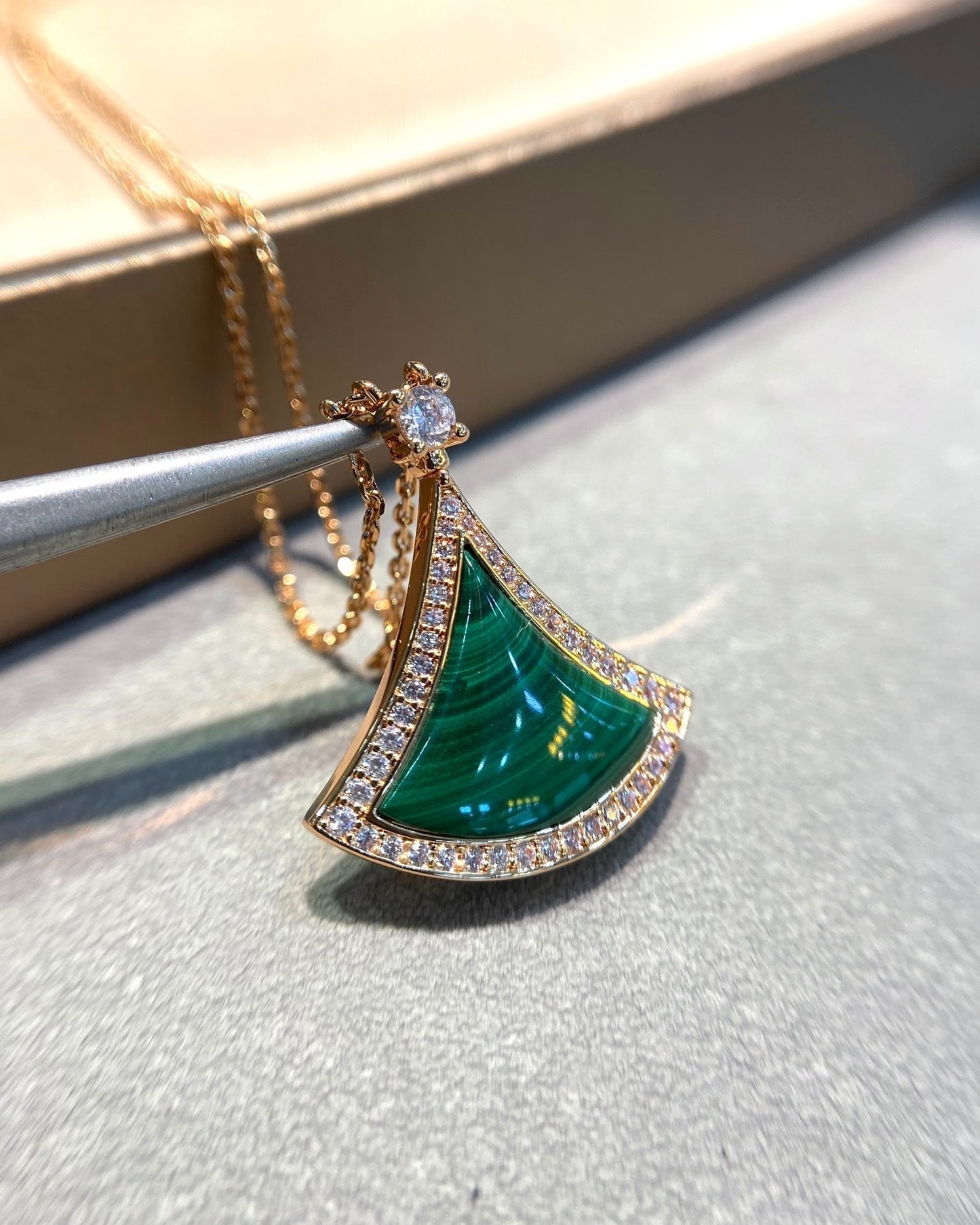 [Lucky Star]DREAM MALACHITE DIAMOND PAVED PINK GOLD NECKLACE