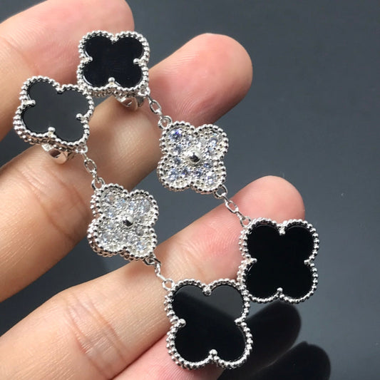 [Lucky Star]CLOVER 3 MOTIF DIAMOND ONYX SILVER EARRINGS
