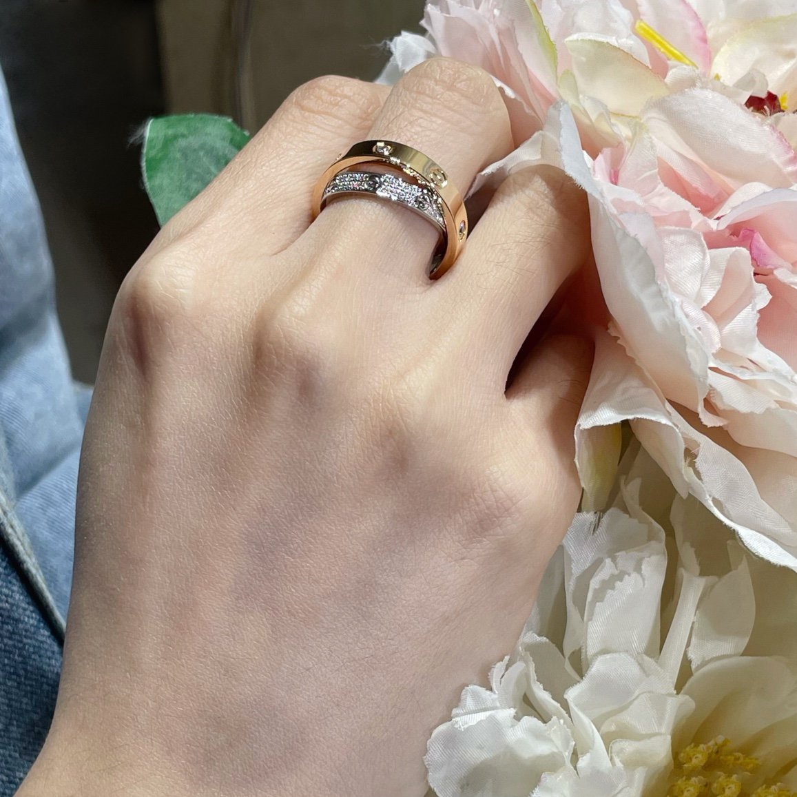 [Lucky Star]LOVE PINK GOLD SILVER DIAMOND DOUBLE RING