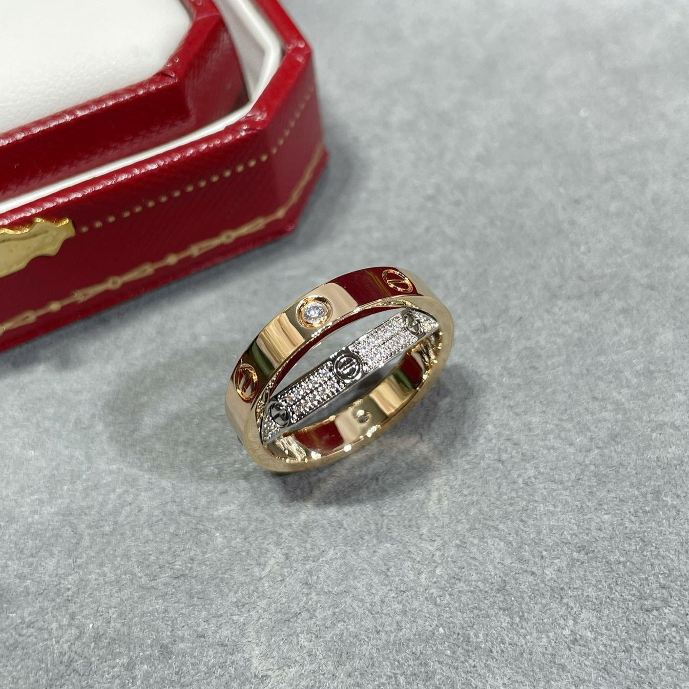 [Lucky Star]LOVE PINK GOLD SILVER DIAMOND DOUBLE RING