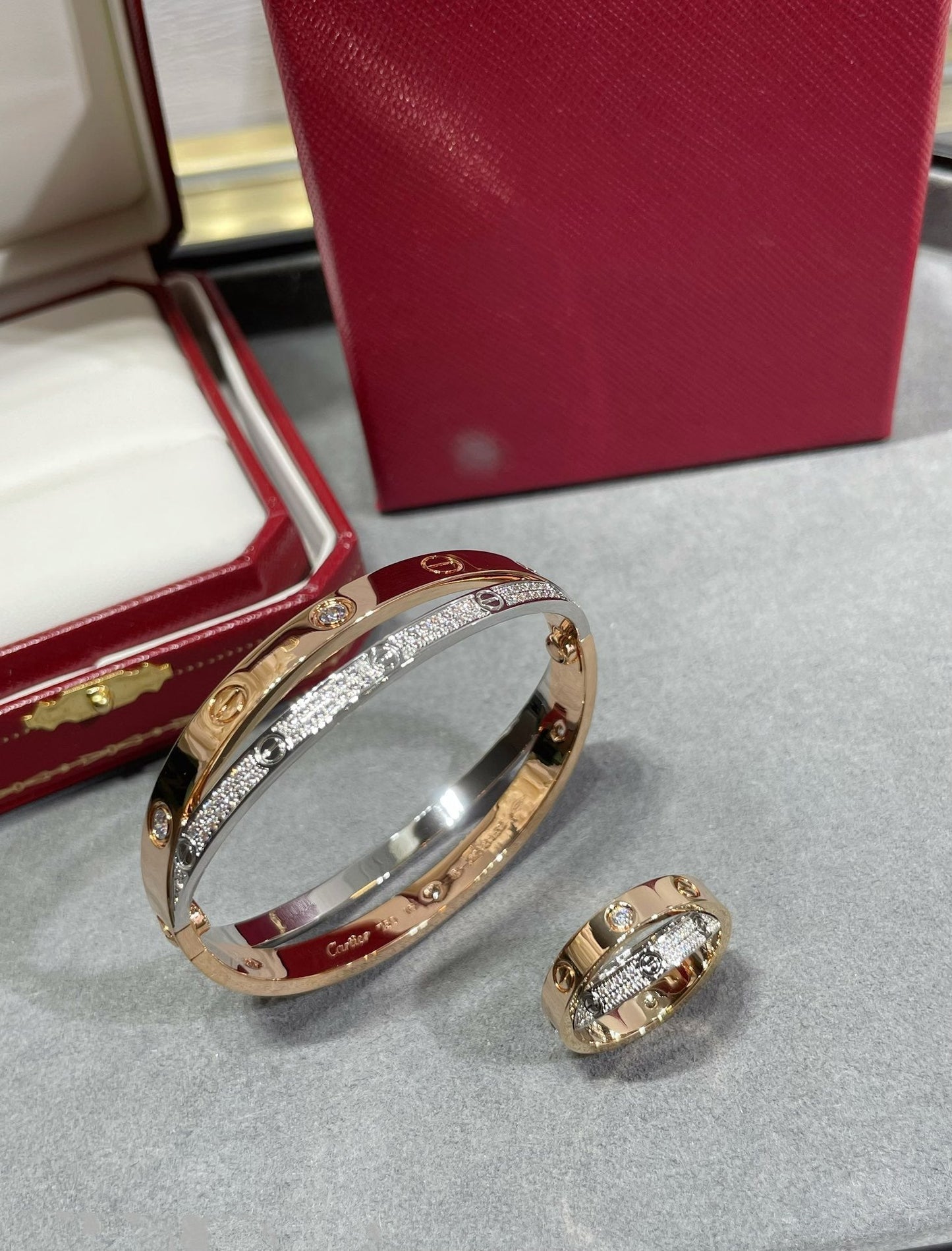 [Lucky Star]LOVE PINK GOLD SILVER DIAMOND DOUBLE RING