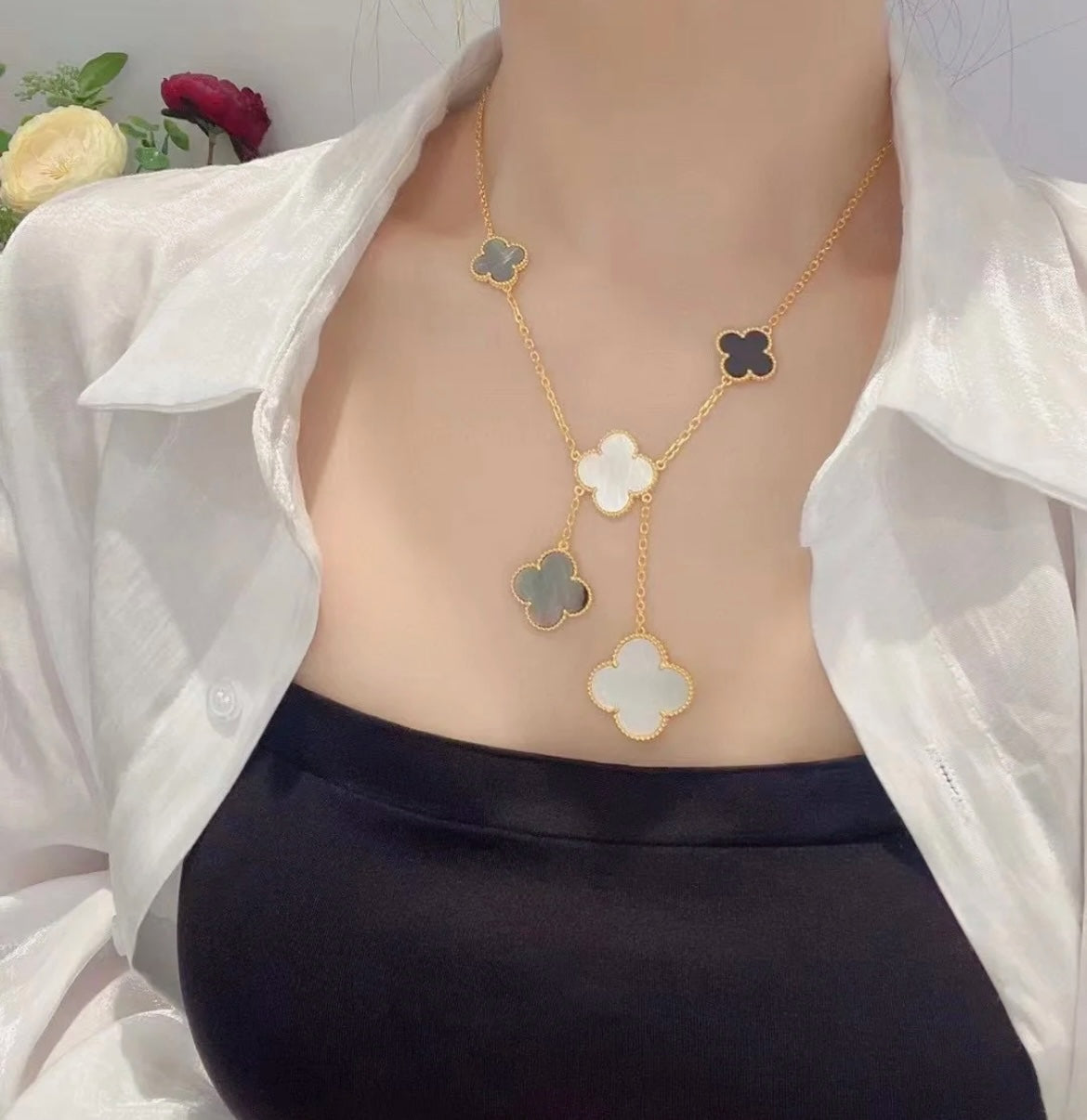 [Lucky Star]CLOVER 6 MOTIF MOP ONYX GOLD NECKLACE