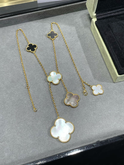 [Lucky Star]CLOVER 6 MOTIF MOP ONYX GOLD NECKLACE