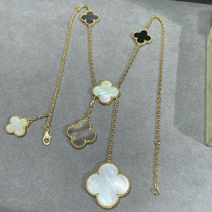 [Lucky Star]CLOVER 6 MOTIF MOP ONYX GOLD NECKLACE