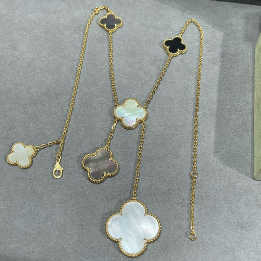 [Lucky Star]CLOVER 6 MOTIF MOP ONYX GOLD NECKLACE