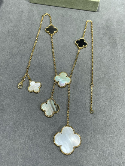 [Lucky Star]CLOVER 6 MOTIF MOP ONYX GOLD NECKLACE