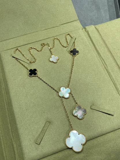 [Lucky Star]CLOVER 6 MOTIF MOP ONYX GOLD NECKLACE