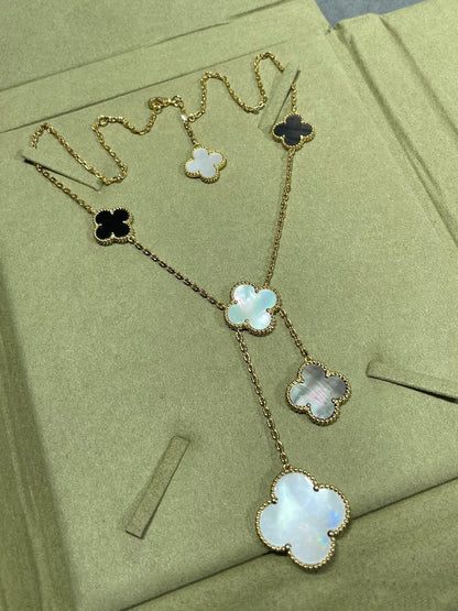 [Lucky Star]CLOVER 6 MOTIF MOP ONYX GOLD NECKLACE