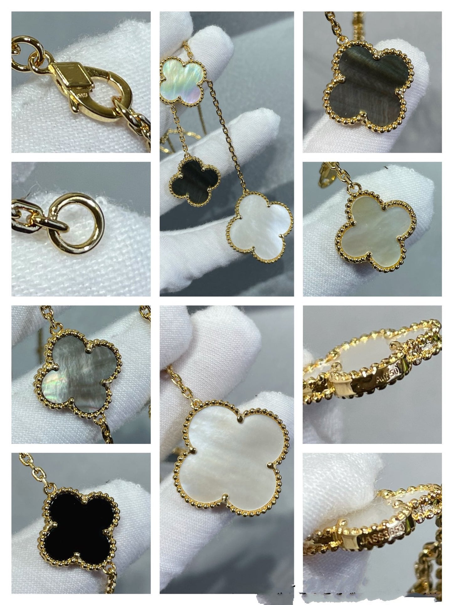 [Lucky Star]CLOVER 6 MOTIF MOP ONYX GOLD NECKLACE