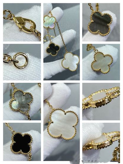 [Lucky Star]CLOVER 6 MOTIF MOP ONYX GOLD NECKLACE