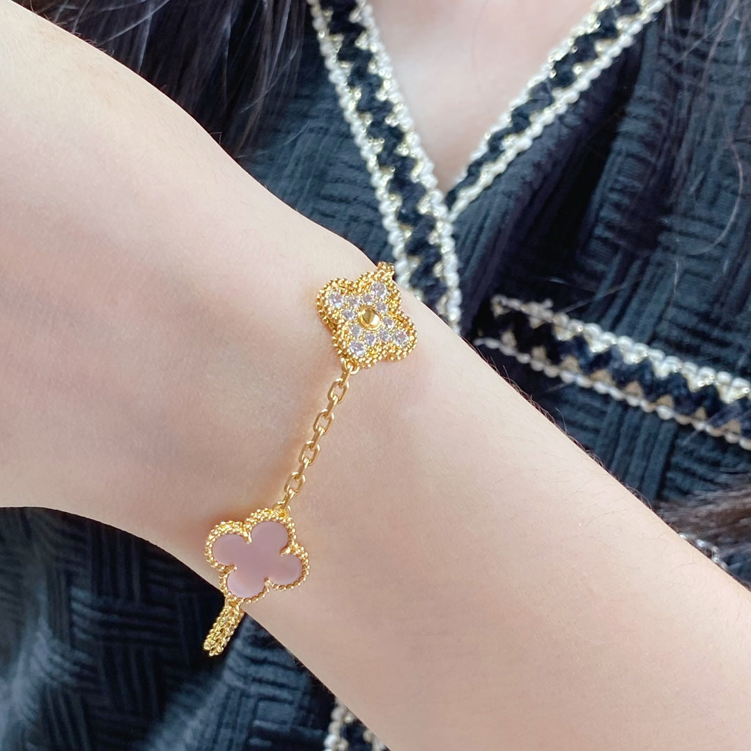 [Lucky Star]CLOVER 5 MOTIF DIAMOND PINK MOP PINK GOLD BRACELET