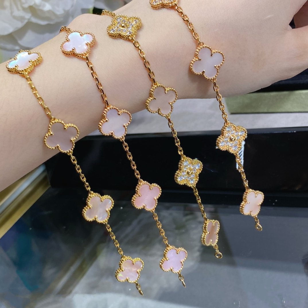 [Lucky Star]CLOVER 5 MOTIF DIAMOND PINK MOP PINK GOLD BRACELET