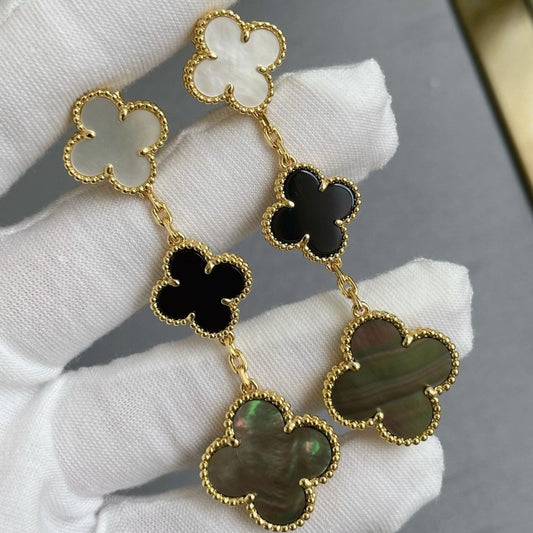 [Lucky Star]CLOVER 3 MOTIF MOP ONYX DARK MOP PINK GOLD EARRINGS