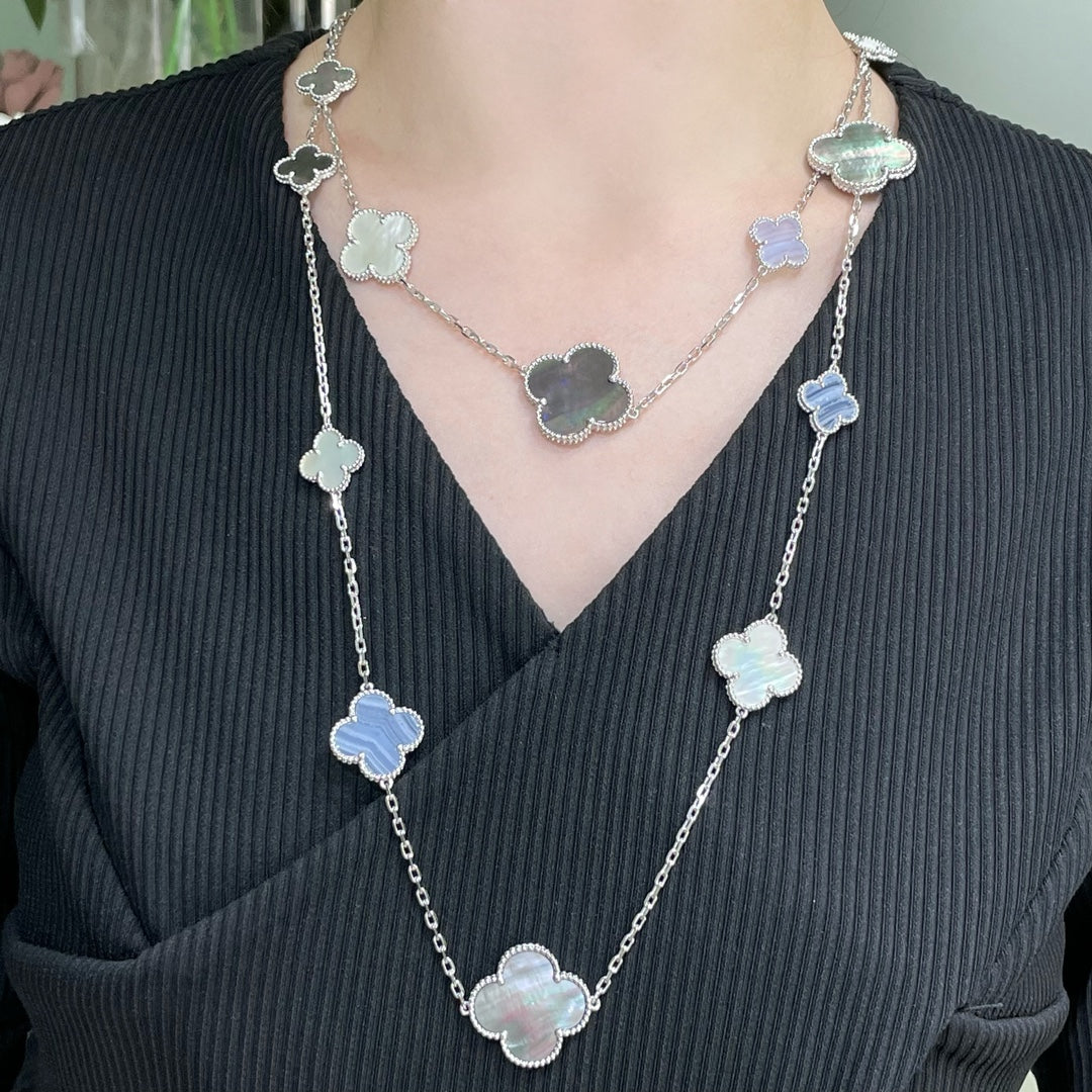[Lucky Star]CLOVER 16 MOTIF CHALCEDONY MOP SILVER NECKLACE