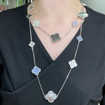 [Lucky Star]CLOVER 16 MOTIF CHALCEDONY MOP SILVER NECKLACE