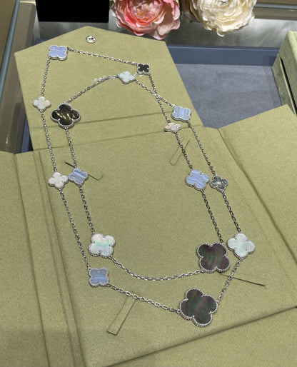 [Lucky Star]CLOVER 16 MOTIF CHALCEDONY MOP SILVER NECKLACE