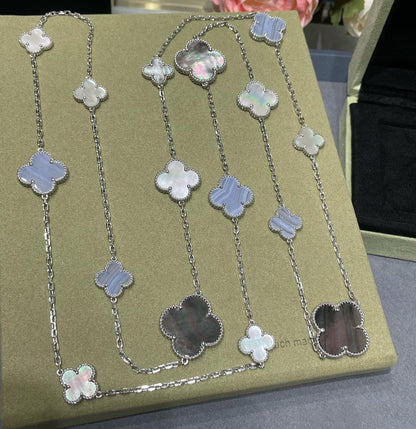 [Lucky Star]CLOVER 16 MOTIF CHALCEDONY MOP SILVER NECKLACE