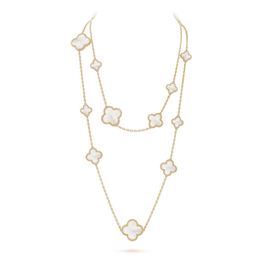 [Lucky Star]CLOVER 16 MOTIF WHITE MOP GOLD NECKLACE